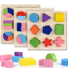 wooden toys with different shapes and sizes displayed on white background, including blocks and shapes