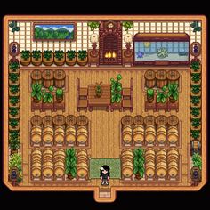 an overhead view of a restaurant with plants and barrels