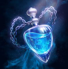 a blue heart shaped perfume bottle with chains hanging from it's sides on a black background