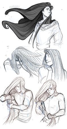 some sketches of people with long hair