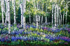 a painting of trees and flowers in the woods