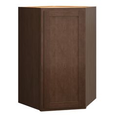 a brown cabinet with an open door and light on the top, in front of a white background