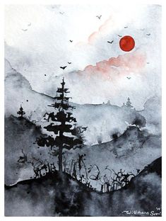 a watercolor painting with birds flying over trees and mountains in the distance, under a red sun