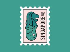 a stamp with a dog on it and the word singapore written in black ink, against a green background