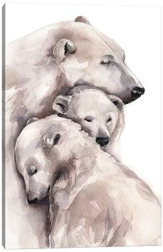 two polar bears hugging each other in watercolor