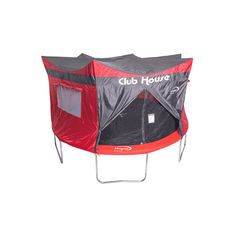 a red and grey tent with the words club house on it's side, sitting in front of a white background