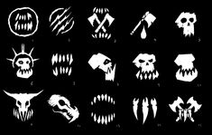 an image of different types of skull designs on a black background, all in white