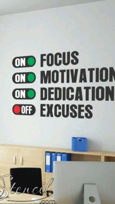 this is an image of a wall sticker with the words focus, motivation, dedication and excusses