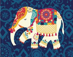 an elephant with colorful designs on it's body is standing in front of a blue background