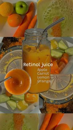 an image of apples, carrots and lemon orange juice with text overlay that reads retinool juice apple carrot lemon orange