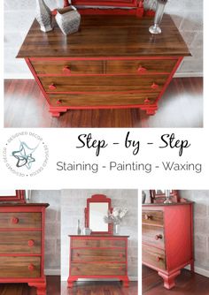 step by step painting an old dresser with red paint and varnishing on it