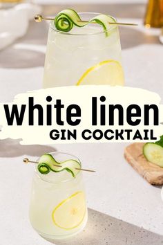 white linen gin cocktail with cucumber garnish