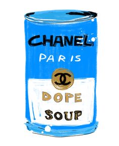 a painting of a chanel bottle with the word dope soup on it's side