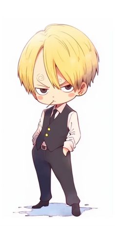 an anime character with blonde hair wearing a black vest and tie, standing in front of a