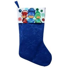 a blue christmas stocking with characters on it