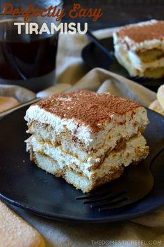 a piece of tirami cake on a plate with a fork next to it