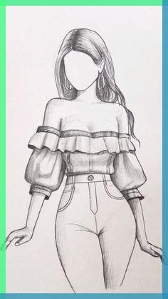 a drawing of a woman in high waisted pants and off the shoulder top with her hands on her hips