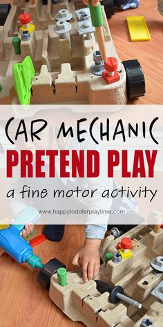 a child playing with car mechanic pretend play on the floor and in front of it