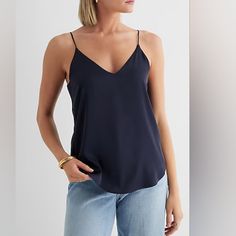 Express: Timeless Double Layer V-Neck Cami In A Beautiful Soft Satin Fabric. Featuring Adjustable Spaghetti Straps And A Rounded Hem In A Deep Navy Blue. The Perfect Staple Piece To Add To Your Wardrobe For An Effortless Chic Look For Any Occasion. (Size: Xl) *Nwt* Interview Outfit Men, Prom For Guys, Interview Outfits Women, Prom Suits For Men, Vacation Outfits Women, Brunch Date, Deep Navy Blue, Womens Floral Dress, Womens Cami