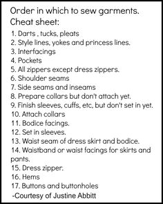 an order in which to sew garments is shown with instructions for how to sew