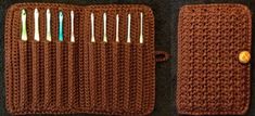 crocheted brown case with knitting needles in it and two pictures of the inside