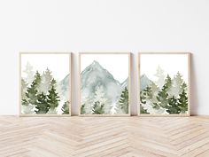 three watercolor paintings on a wall above a wooden floor