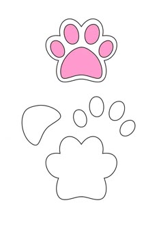 a pink paw printable on a white background with dotted lines and dots around it