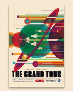 an advertisement for the grand tour with space shuttles and planets on it, in front of