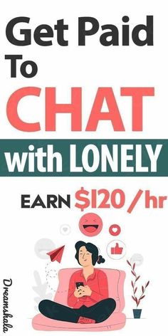 a woman sitting on top of a pink couch in front of a sign that says, get paid to chat with lonely earn $ 120 / hr