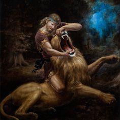 a painting of a man riding on the back of a lion