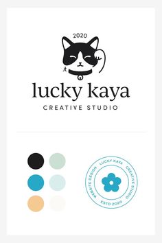 Lucky Kaya Creative Logo - Black and white cat Lucky Cat Graphic Design, Cat Branding Design, Personal Logo Design Graphic Designers, Lucky Cat Logo, Japanese Branding Design, Cat Logo Design Ideas, Cute Cat Logo, Lucky Logo, Japanese Branding