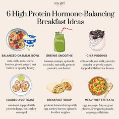 the 6 high protein homo - balancing breakfast ideas are on display in this info sheet