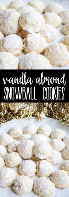 vanilla almond snowball cookies on a white plate