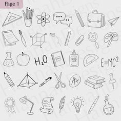 the back to school doodles page 1 is filled with hand drawn items and symbols