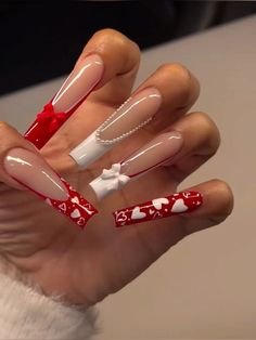 Cherry French Tip Toes, Nail Inspo Summer French Tip, Acrylic Nails Baddie Aesthetic, Cartoon French Tip Nails, Valentines Nails Extra, Initial Nails Valentines Day, Red Nails Christmas Holidays, Dramatic Nails Acrylic, Airbrush Acrylic Nails