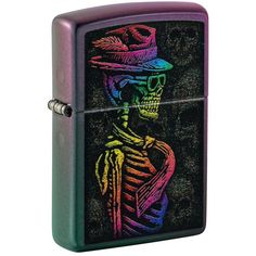 a zippo lighter with a skeleton wearing a hat and rainbow colors on the side