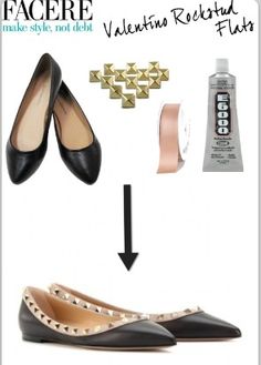 DIY: old pair of flats, ribbon, and some studs and your good to go! Valentino Rockstud Flats, Rockstud Flats, Shoe Refashion, Pretty Flats, Shoe Makeover, Shoes Hack, Metallic Flats, Fabulous Diy, Shoe Crafts