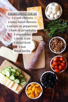 ingredients to make an appetizer laid out on a wooden table with text overlay