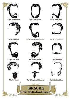 1900's Gentleman by starvinartist 75, via Flickr  Gentlemen in the 1900s has hair combed,  bearded or mustache. Cowboy Facial Hair, Hair Infographic, Beard Styling, Beard Illustration, Mutton Chops, Mens Facial, Beard Style, Mens Cuts, Our Town