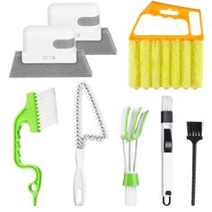 kitchen cleaning supplies including sponges, brushes and other household items on a white background