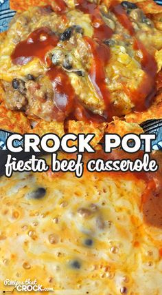 two pizzas covered in cheese and sauce sitting on top of a blue plate with the words crock pot fiesta beef casserole