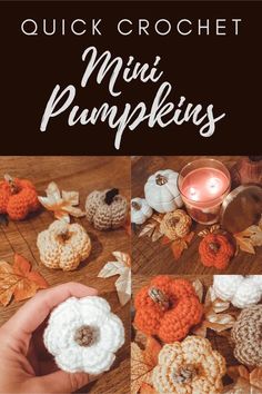 crochet mini pumpkins with leaves and candles in the background text reads quick crochet mini pumpkins