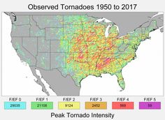 a map shows the range of observed tornados in the united states from 1950 to 2011