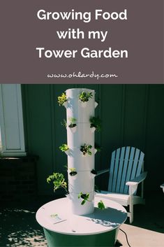 a tall tower with plants growing out of it and the words growing food with my tower garden