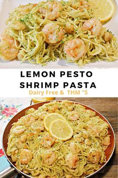 lemon pesto shrimp pasta in a skillet, and the recipe is ready to be eaten