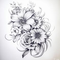 a black and white drawing of flowers