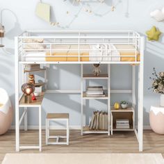 a white loft bed sitting on top of a wooden floor next to a wall mounted clock