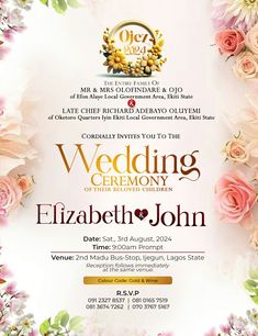 wedding ceremony flyer with pink flowers and gold lettering on the front cover for an event