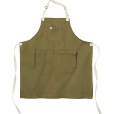 an apron that is green and has white straps on the front, with a pocket at the back