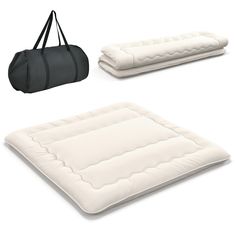 an inflatable mattress, duffle bag and travel bag are shown on a white background